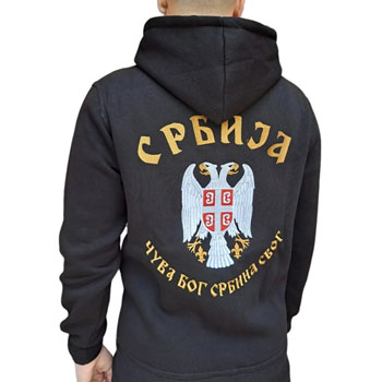 Embroidered black sweatshirt Serbia with hood 