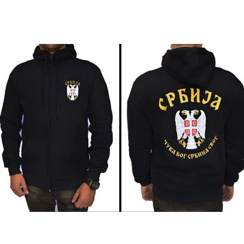 Embroidered black sweatshirt Serbia with hood 