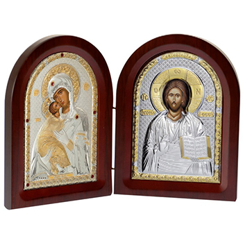 Diptih sa posrebrenim ikonama - Gospod Isus Hrist i Bogorodica Vladimirska (31x20.5cm)