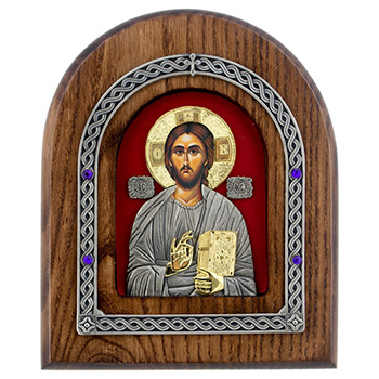 Ikona Gospod Isus Hrist okovana pozlaćena 22x18cm (na crvenoj pozadini)