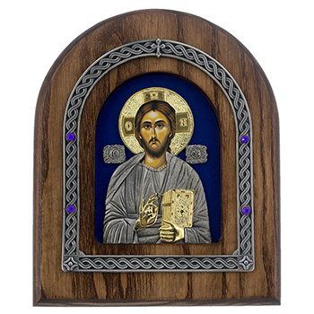 Ikona Gospod Isus Hrist okovana pozlaćena 22x18cm (na plavoj pozadini)