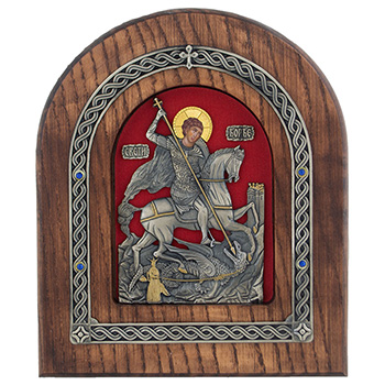 Ikona Sveti Đorđe - Đurđevdan okovana pozlaćena 22x18cm (na crvenoj pozadini)