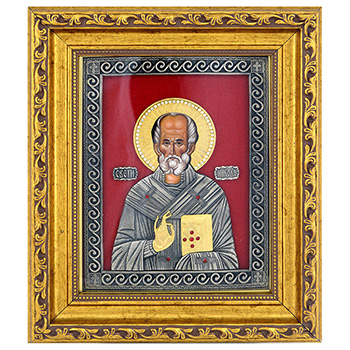 Ikona Sveti Nikola okovana pozlaćena 21,5x18,5cm