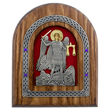Икона Свети Архангел Михаило окована позлаћена 22x18цм (на црвеној позадини)