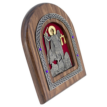 Икона Свети Архангел Михаило окована позлаћена 22x18цм (на црвеној позадини)-1