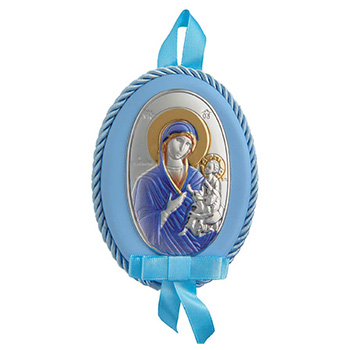 Икона за бебе Богородица, у боји, овална, посребрена 11x8цм-1
