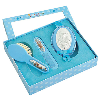Set for babies - comb and brush with icon of the Virgin Mary 9x6cm - blue
