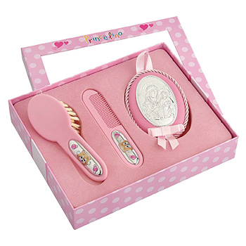 Комплет за бебе - чешаљ и четка са иконом Богородице 9x6цм - розе