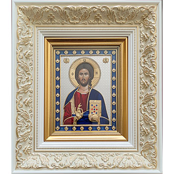 Gilded icon of Jesus Christ with decorative white frame