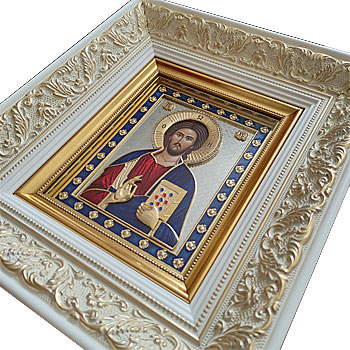 Позлаћена икона Исуса са белим рамом-1