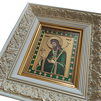 Gilded icon of St. John with decorative white frame-1