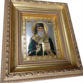 Gilded icon of St. Nectarios of Aegina with decorative frame - larger-1