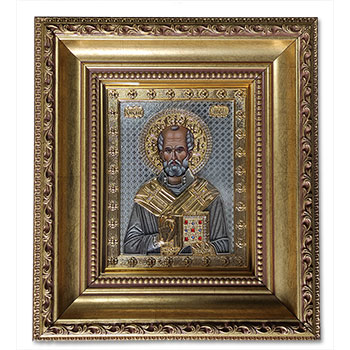 Позлаћена икона Св. Николе са украсним рамом - већа
