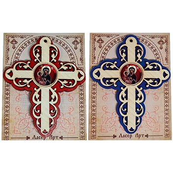 Red and blue wooden crosses for a car - Mother of God