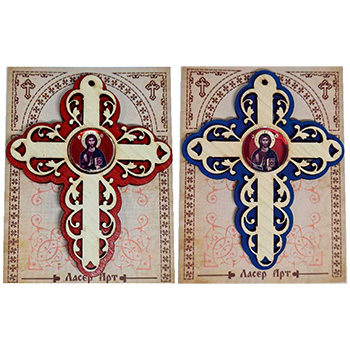 Red and blue wooden crosses for a car - Jesus Christ