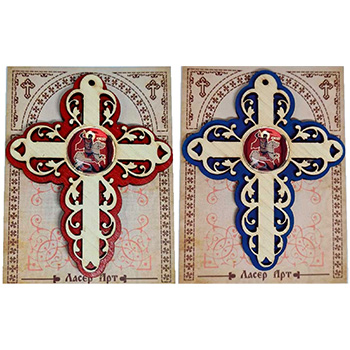 Red and blue wooden crosses for a car - Saint George