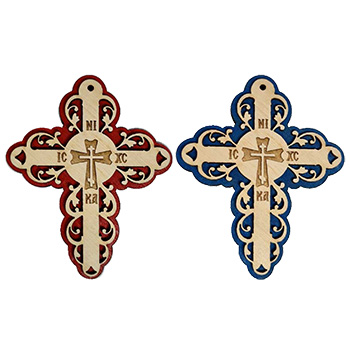 Дрвени крстићи за ауто - Исус Христ - црвени и плави -1