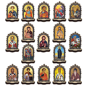 Set of 17 smaller wooden icons with stand 9.5x6.1cm