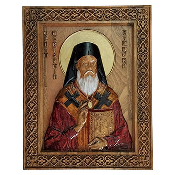 Икона Свети Нектарије - ручно осликан дуборез у дрвету 30x40цм