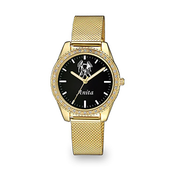 Персонализовани женски ручни сат (хороскопски знак и име) црни Q&Q QЗ59-голд-3