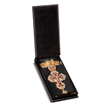 Gold plated pectoral cross in black leather box