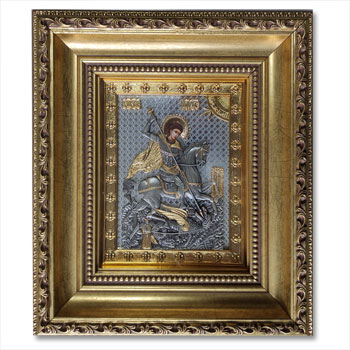Позлаћена икона Св. Ђорђа са украсним рамом - већа