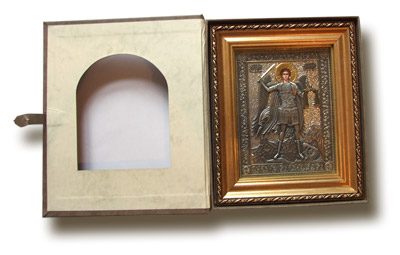 Gilded icon of St. Michael in a box