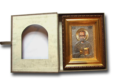 Gilded icon of St. Nicholas in a box