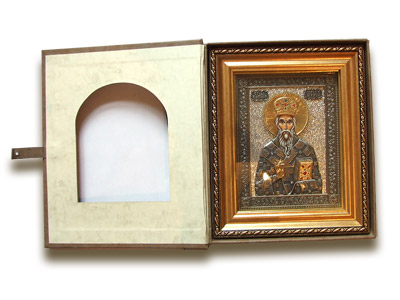 Gilded icon of St. Basil of Ostrog in a box