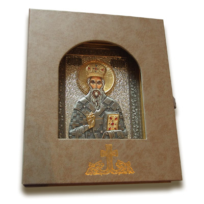 Gilded icon of St. Basil of Ostrog in a box-1