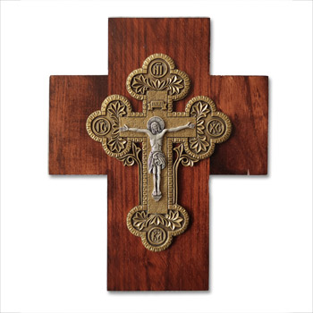 Crusifix on wooden cross- brass