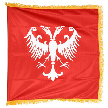 Црвена сатенска застава Грб Немањића 100 цм x 100 цм - дупла са ресама