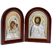 Диптих са посребреним иконама - Господ Исус Христ и Богородица Казанска (23.5x16цм)