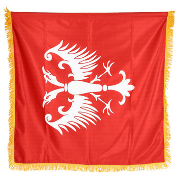 Црвена сатенска застава Грб Немањића 100 цм x 100 цм - дупла са ресама-1